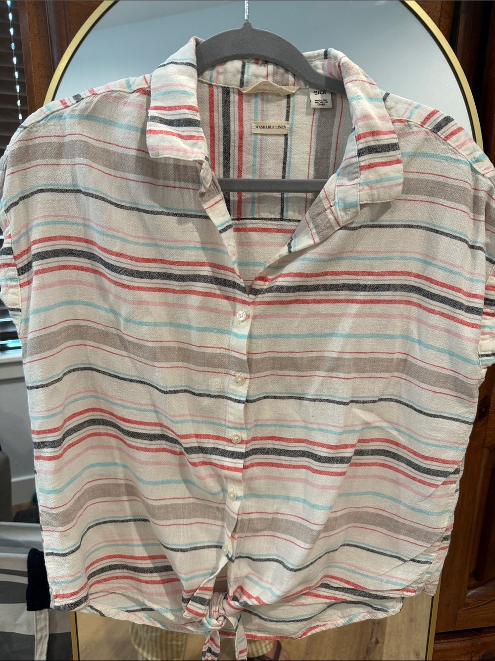 Casual Striped Tie-Front Button Shirt - Cream with Coral & Aqua Stripes